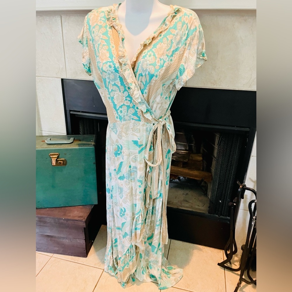 Teal and white wrap dress by Coastal Traders size M/L.